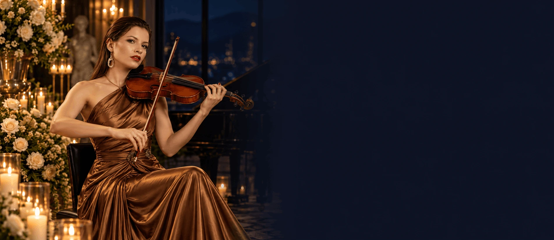Naiara tocando violino em uma celebração elegante à luz de velas
