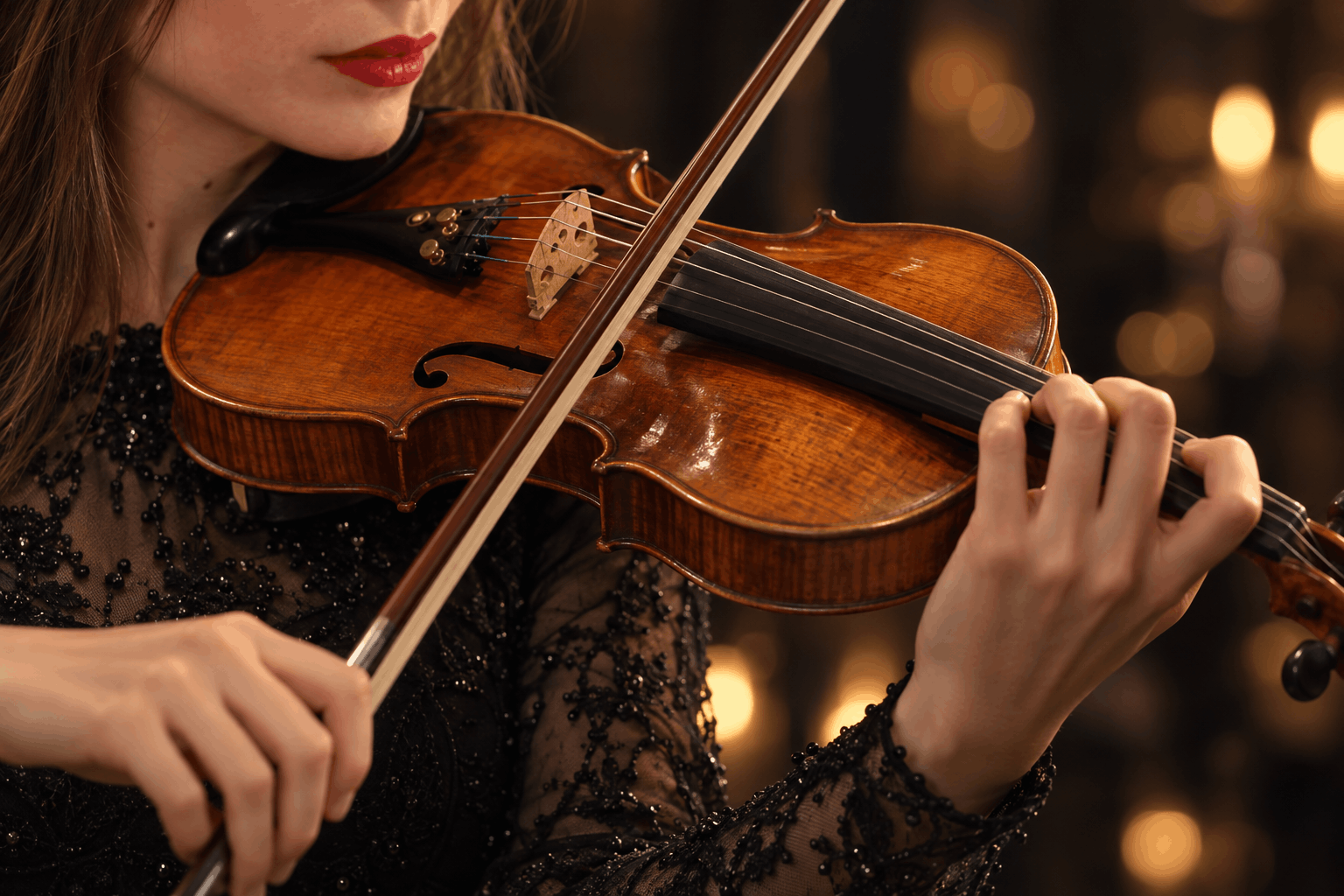 Detalhe das mãos de Naiara tocando violino